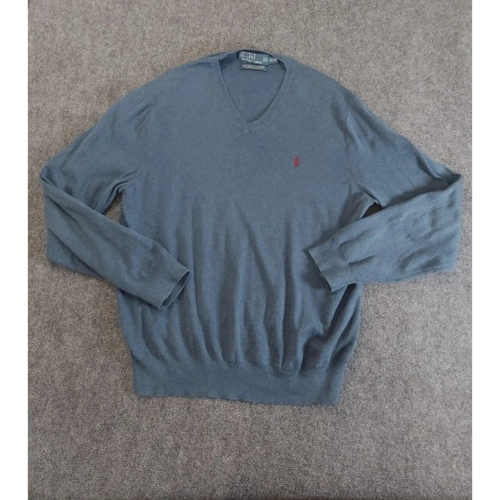 Polo Ralph Lauren Sweater Mens XL Blue V Neck Small Pony Logo Pima Cotton